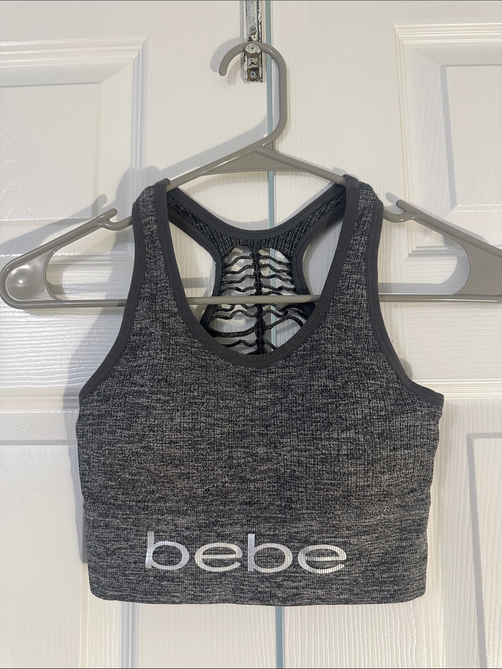 bebe Dark Gray Racerback Sports Bralette with Logo